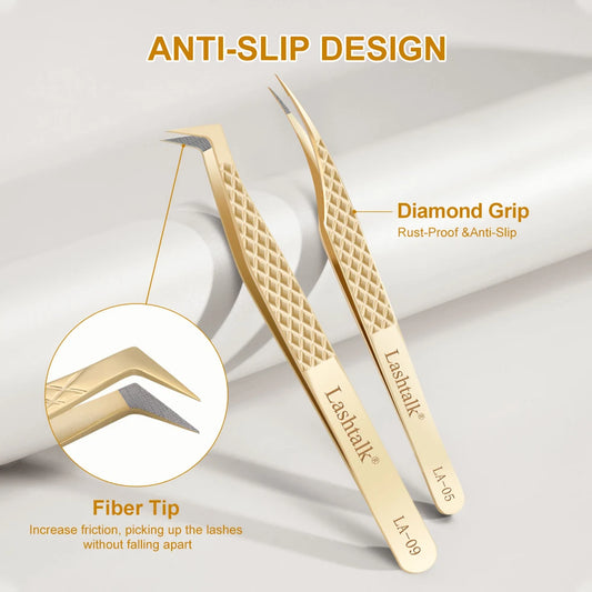 Pinzas de precisión Lashtalk Gold: punta de fibra ultrafina y agarre antideslizante