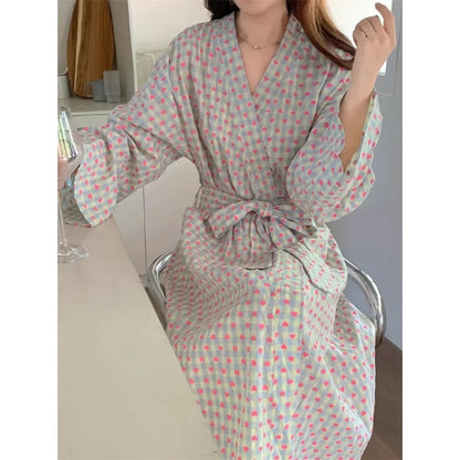 Women's checkered kimono dressing gown – Long set with trousers