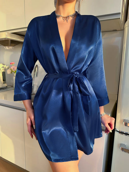 Robe de Chambre Femme Satin Ice Silk – courte à manches semi court Uni🌹