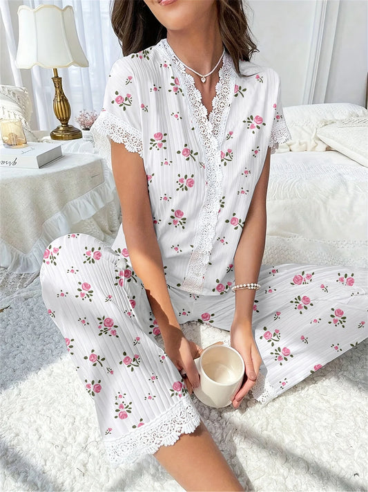 Pyjama - Haut à manches courtes et pantalon assorti avec dentelle 🌷