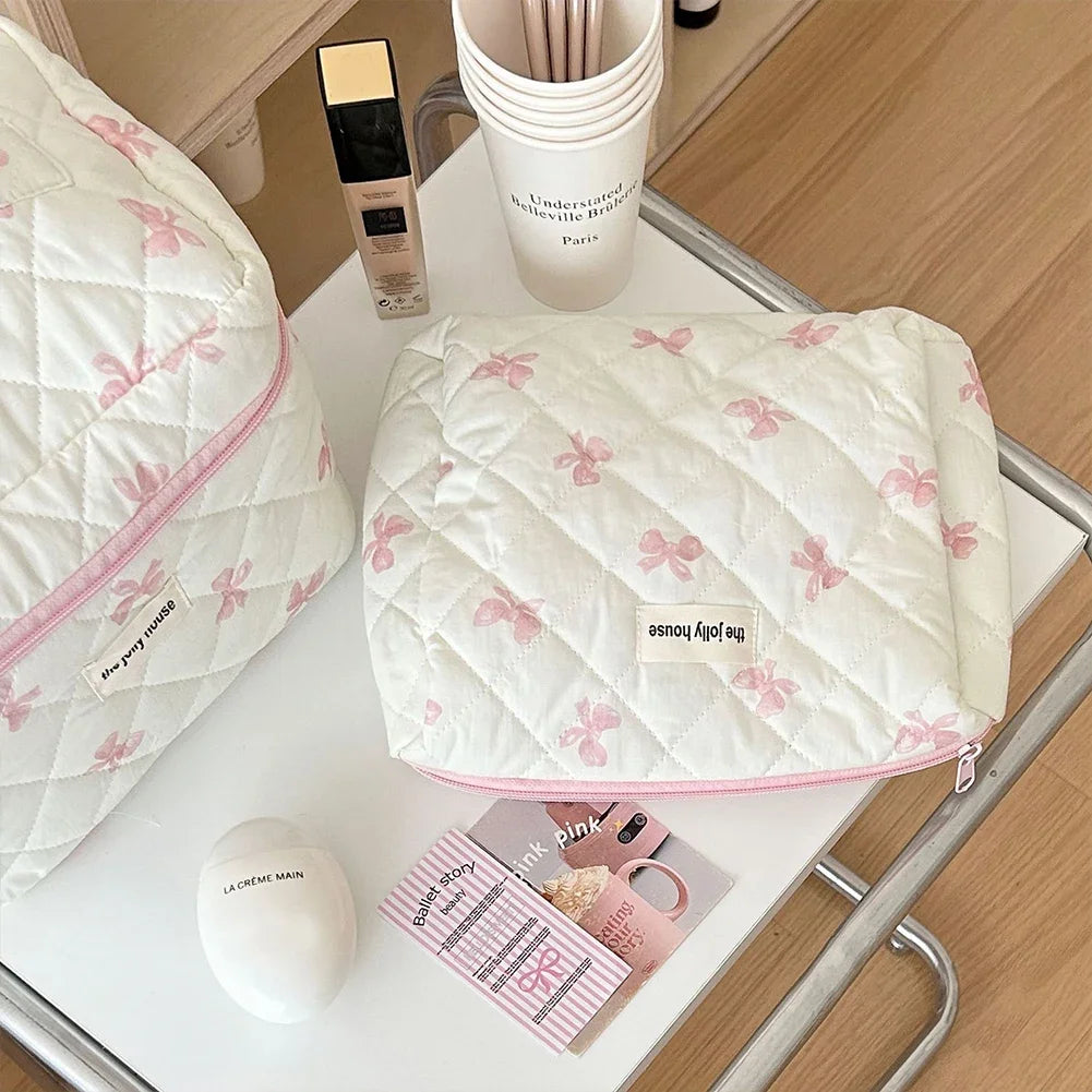 Bolsa de maquillaje de algodón acolchado, con diseño floral y portátil 
