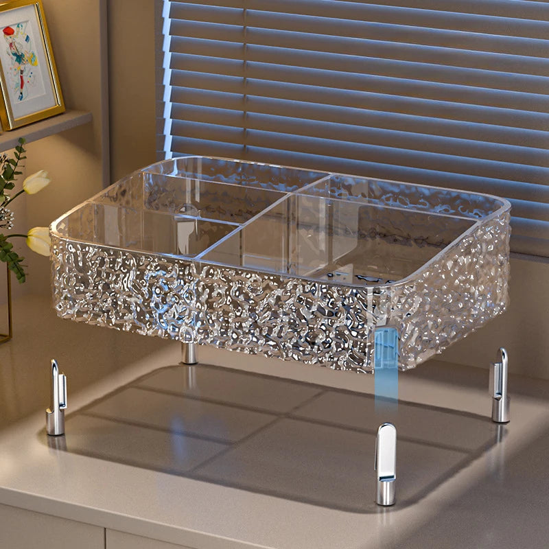 Organizador de maquillaje transparente estilo glaciar: con patas y compartimentos