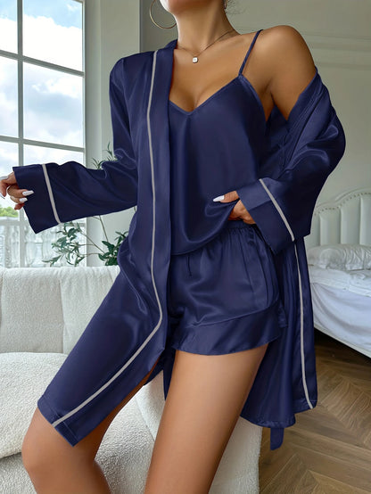 Ensemble en satin - Haut camisole à bretelles, short à volants et robe de chambre avec ceinture