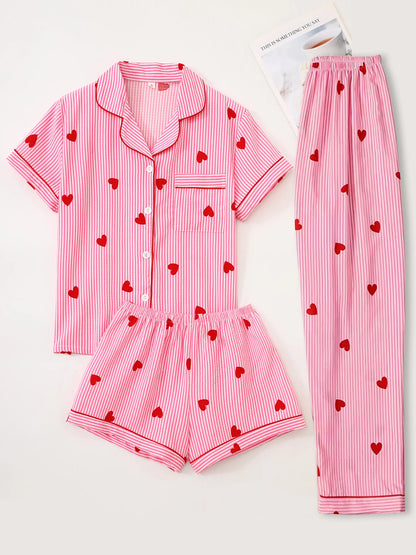 Pajama Set - Short-sleeve top, shorts and striped pants ❤️
