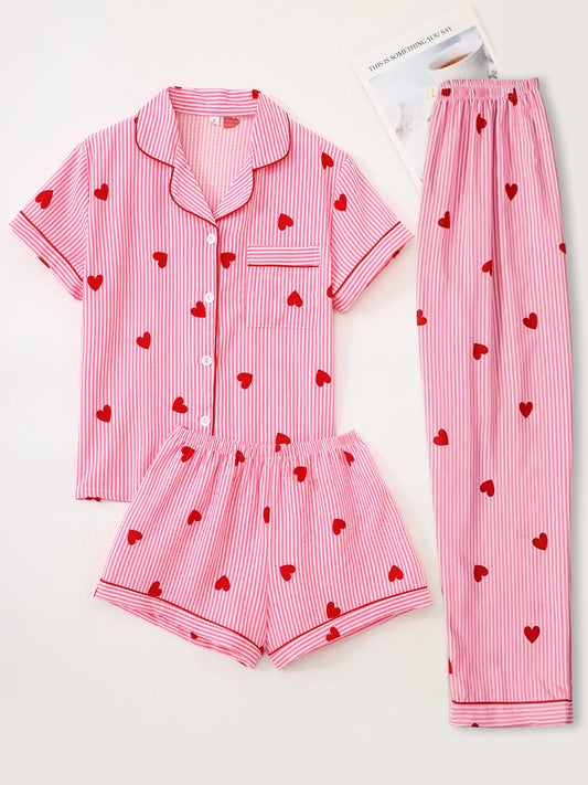 Ensemble de Pyjama - Haut à manches courtes, short et pantalon à rayures ❤️