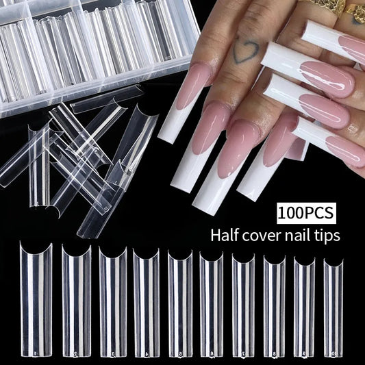 💅💎 Uñas postizas transparentes – Puntas acrílicas con forma de ataúd y media cobertura
