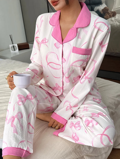 Pyjama Femme Boutonné – Haut Manches Longues et Pantalon imprimé 🎀