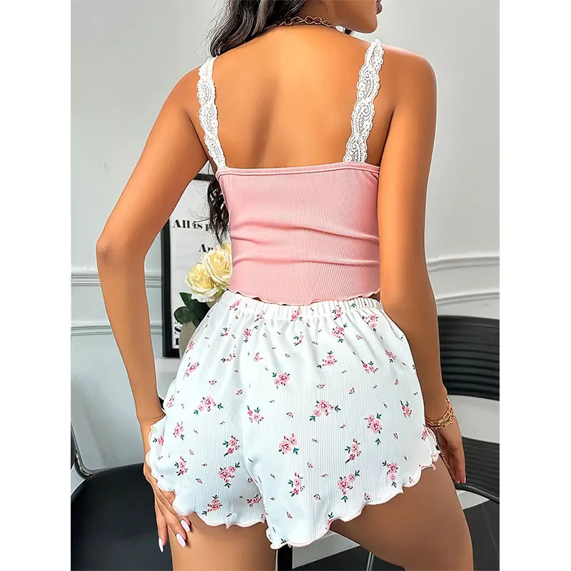 Pyjama - Haut camisole avec dentelle et short 🌸