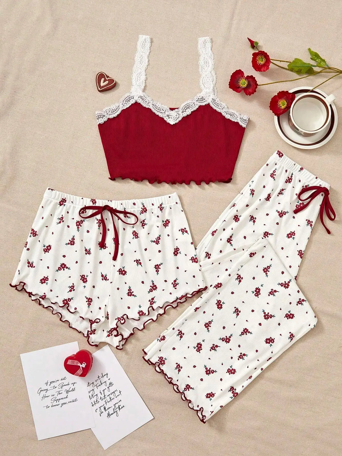 Pajama Set - Lace Camisole Top, Shorts and Pants 💐
