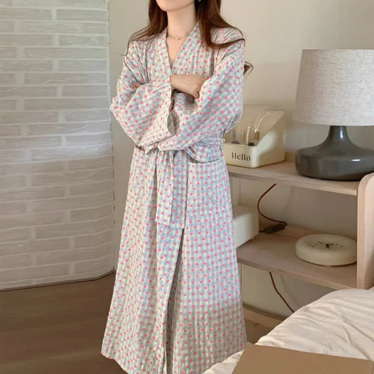 Robe de chambre femme kimono à carreaux – Ensemble long avec pantalon