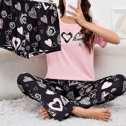 Ensemble Homewear Femme 3 Pièces – T-Shirt, Short & Pantalon imprimé variés 🌸