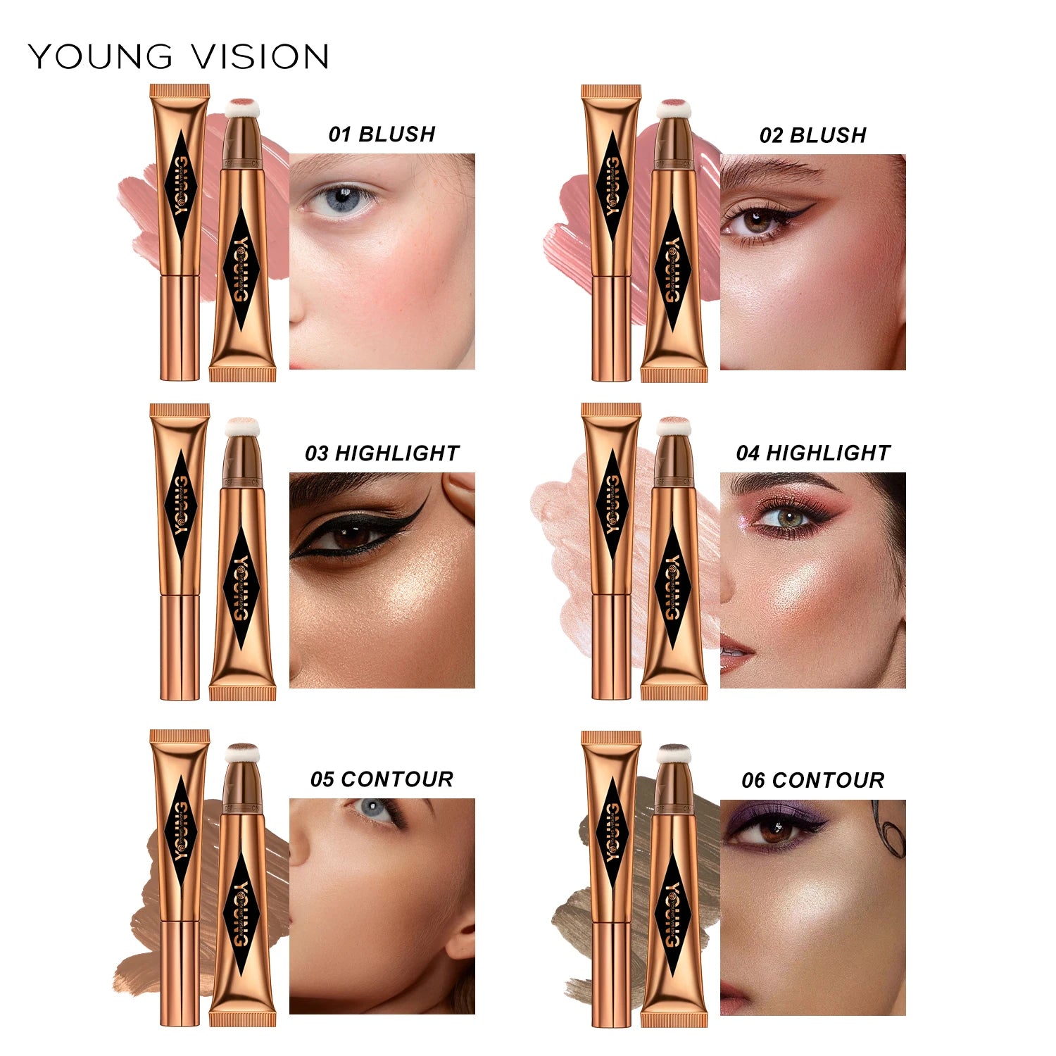 ✨ YOUNG VISION – Cushion, poudre blush & rouge à lèvres liquide, 6 teintes au choix