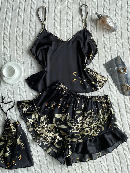 Pyjama Femme Satin – Haut Camisole et Short à Volants imprimé 🌸
