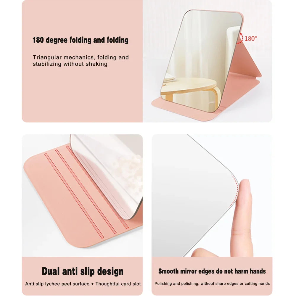 Espejo de maquillaje plegable portátil - Cuero sintético antideslizante en oro rosa con estampado de letras