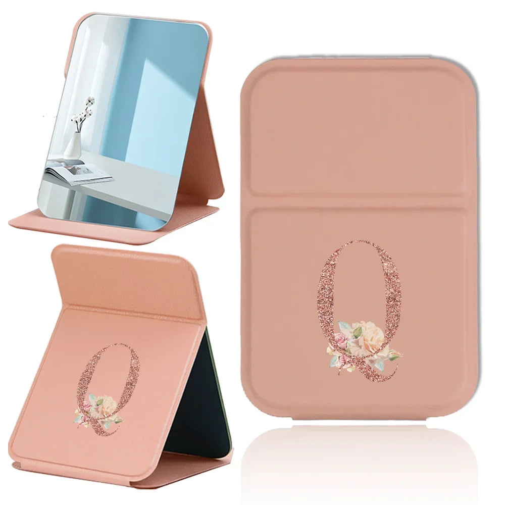 Espejo de maquillaje plegable portátil - Cuero sintético antideslizante en oro rosa con estampado de letras