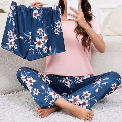 Ensemble Homewear Femme 3 Pièces – T-Shirt, Short & Pantalon imprimé variés 🌸