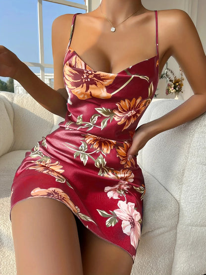 Nuisette Femme Ice Silk – Courtes à Dos Nu & Fente imprimés variés