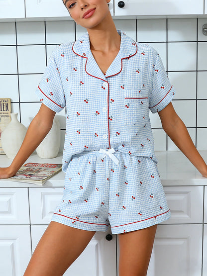 Pyjama Femme Boutonné – Haut Manches Courtes et Short à rayures imprimé 🍒