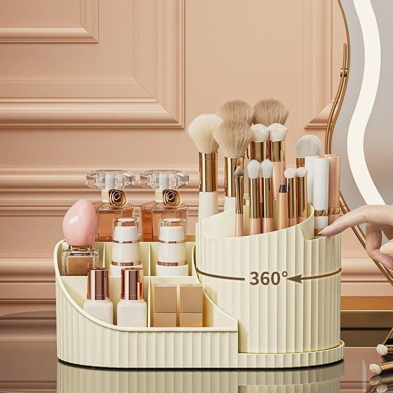 Organizador de maquillaje giratorio: almacenamiento multiusos a prueba de polvo para tocador y escritorio