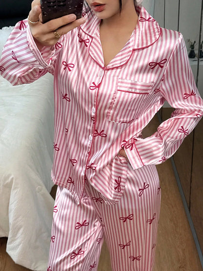 Ensemble Pyjama Femme Satin Rayé – Manches Longues, Motif 🎀