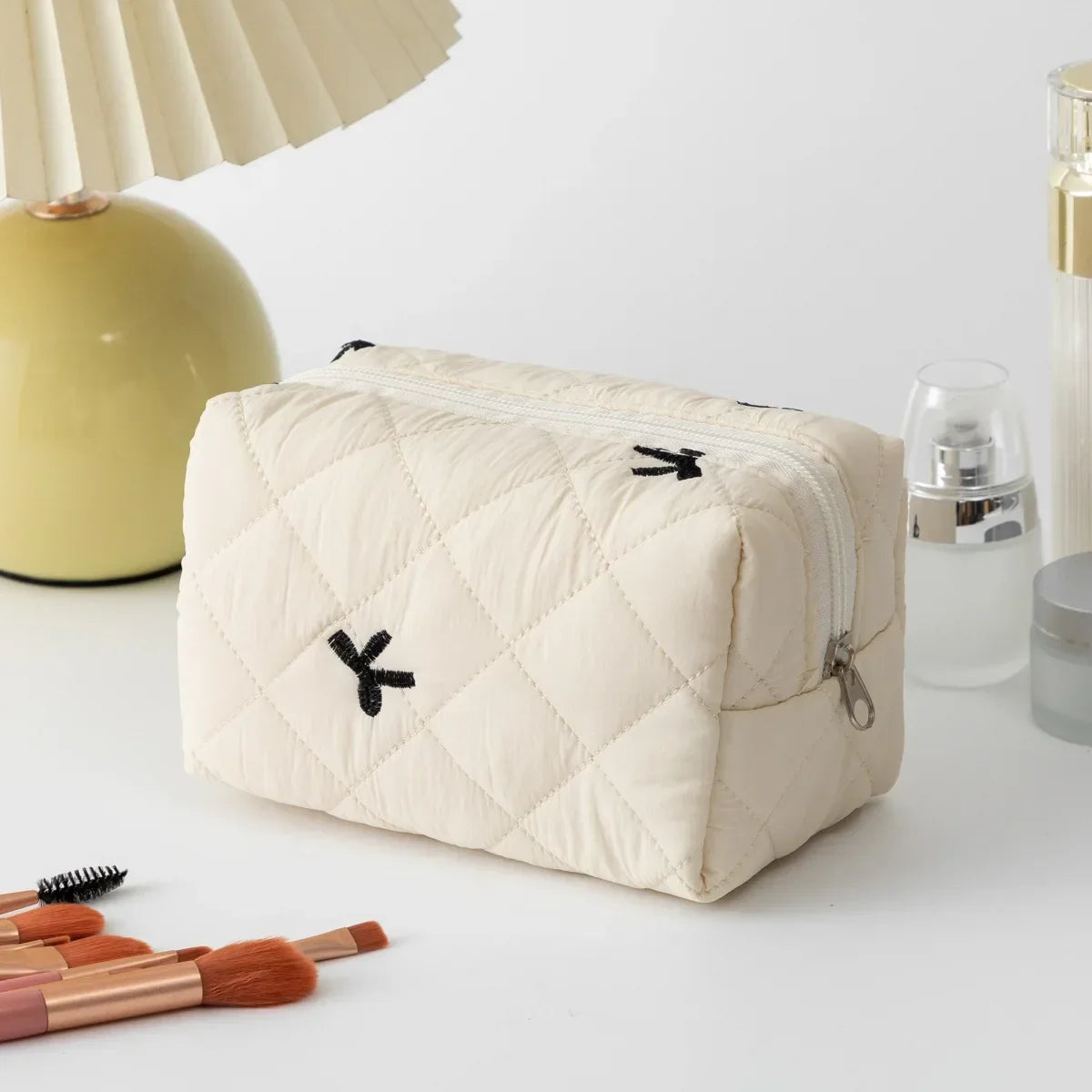 Trousse Maquillage Femme Nœud Brodé – Grande Capacité en Coton🎀