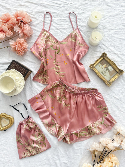 Pyjama Femme Satin – Haut Camisole et Short à Volants imprimé 🌸