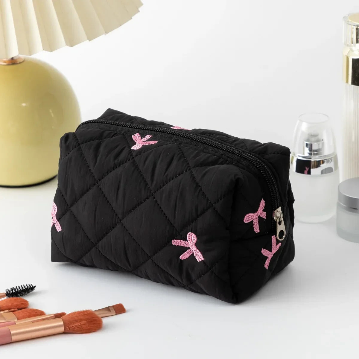 Trousse Maquillage Femme Nœud Brodé – Grande Capacité en Coton🎀