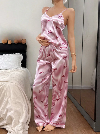 Pyjama Femme Satin – Caraco & Pantalon Rayé imprimé 🎀