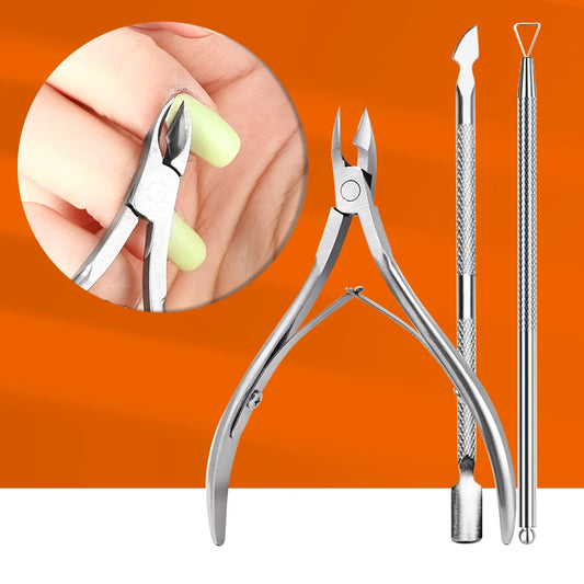 Kit de cuidado de uñas de acero inoxidable: cortacutículas y empujador de piel