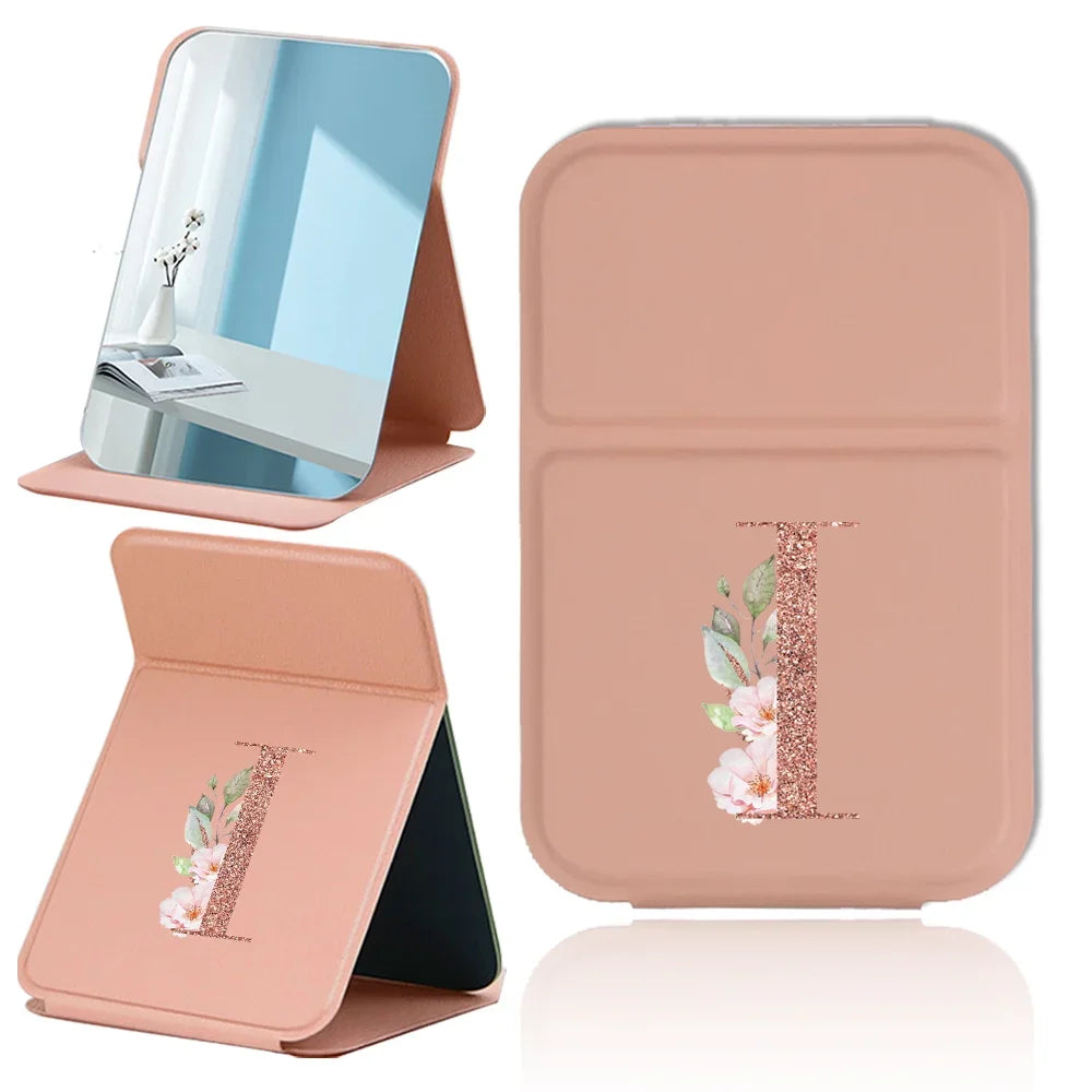 Espejo de maquillaje plegable portátil - Cuero sintético antideslizante en oro rosa con estampado de letras