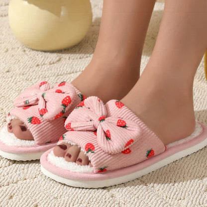 Women's Slippers - Bow, Corduroy and strawberry pattern cotton