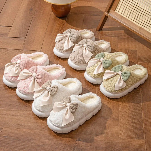 Pantoufles fourrure femme avec nœud – Chaussons doux antidérapants pour la maison