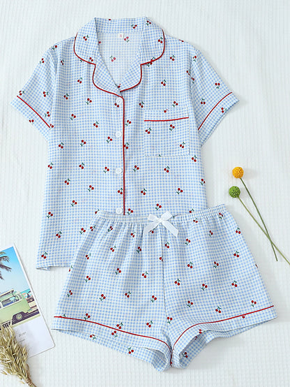 Pyjama Femme Boutonné – Haut Manches Courtes et Short à rayures imprimé 🍒