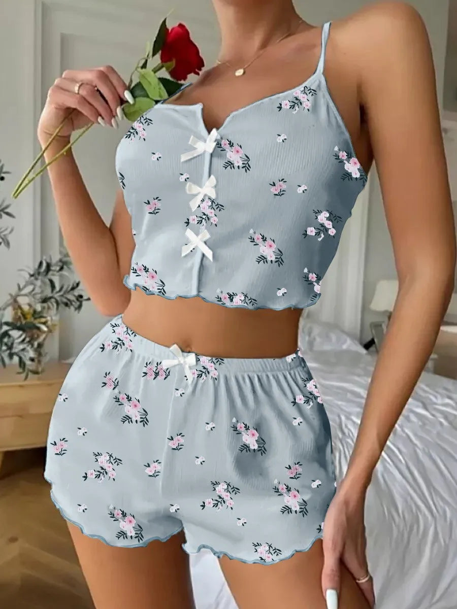 Pyjama Femme – Haut Caraco Col V & Short imprimés 💐