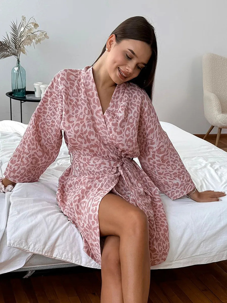 Robe de chambre femme printemps – imprimé léopard rose 💯 Coton