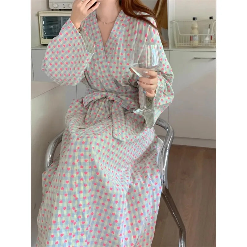 Women's checkered kimono dressing gown – Long set with trousers