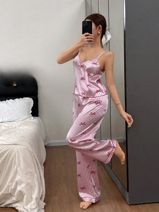 Pyjama Femme Satin – Caraco & Pantalon Rayé imprimé 🎀