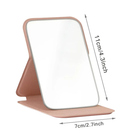 Espejo de maquillaje plegable portátil - Cuero sintético antideslizante en oro rosa con estampado de letras
