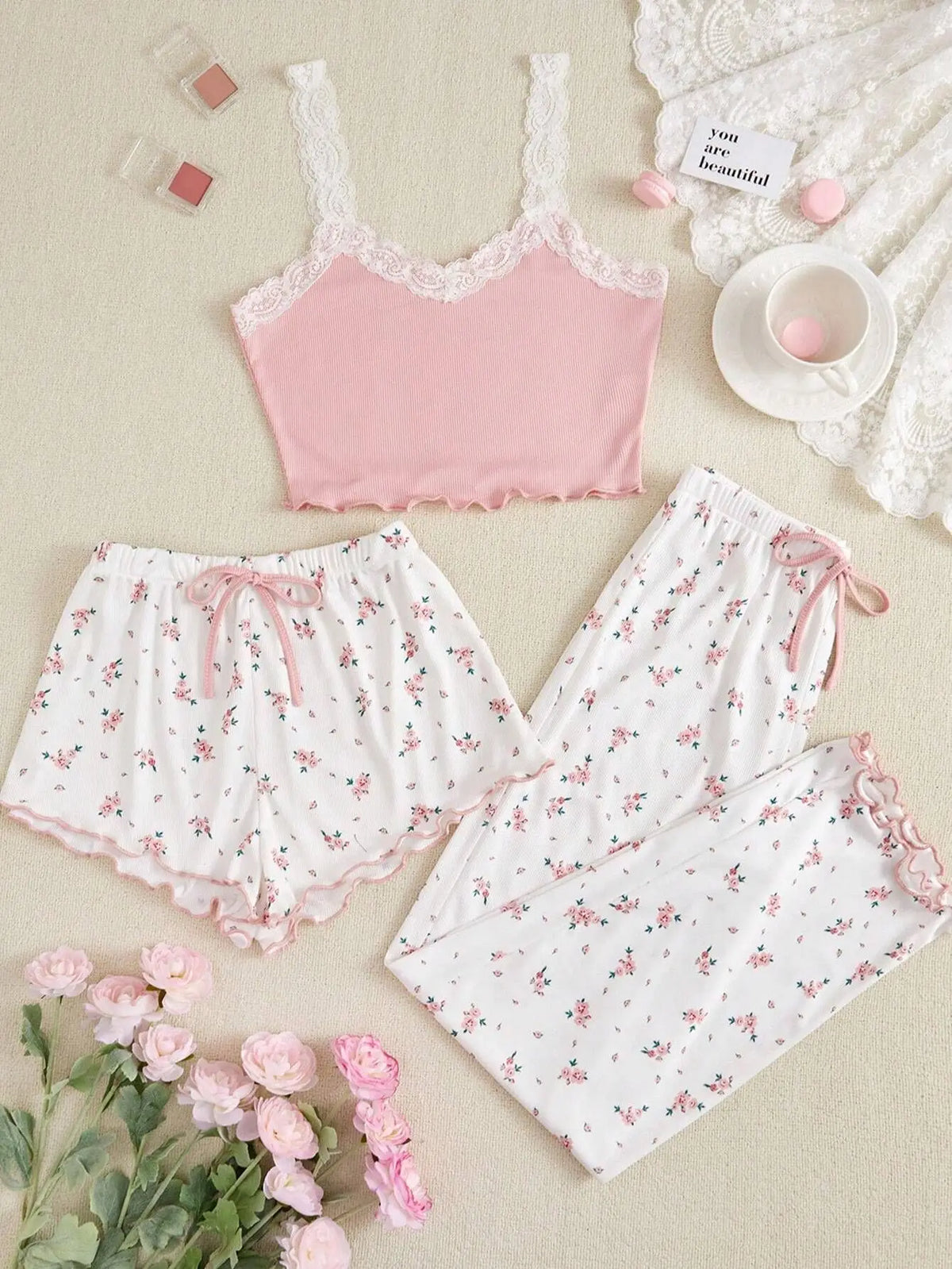 Pajama Set - Lace Camisole Top, Shorts and Pants 💐
