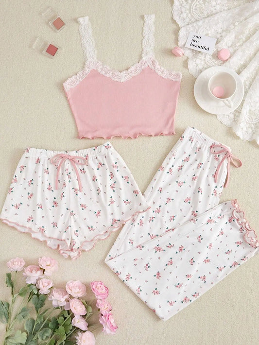 Ensemble de Pyjama - Haut camisole avec dentelle, short et pantalon 💐