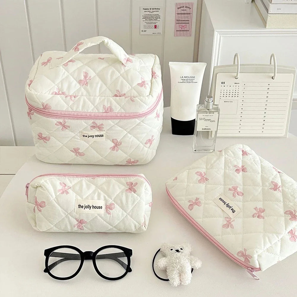 Bolsa de maquillaje de algodón acolchado, con diseño floral y portátil 
