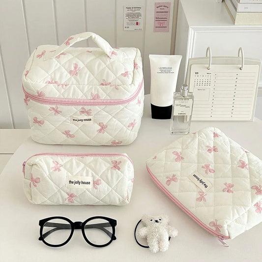 Bolsa de maquillaje de algodón acolchado, con diseño floral y portátil 