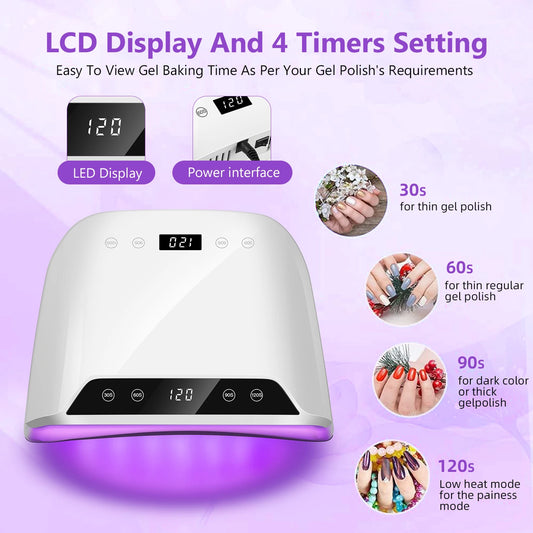 Lámpara de uñas UV LED de 320 W: secado rápido con pantalla LCD dual y 72 LED