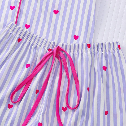 Ensemble Pyjama Femme 2 Pièces – Rayé Violet & Blanc Cœur, Style Homewear Chic 🩷