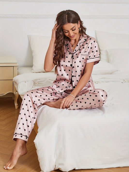 Conjunto de pijama de satén con estampado de corazones, casual, manga corta, botones, solapa, top y pantalones elásticos, ropa de dormir para mujer