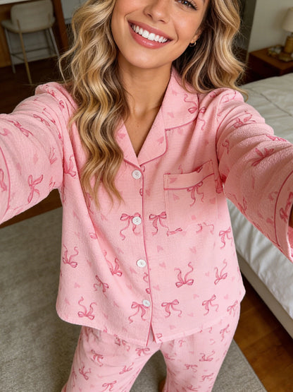 Pyjama Femme Boutonné - Haut manches longues et pantalon motif 🎀