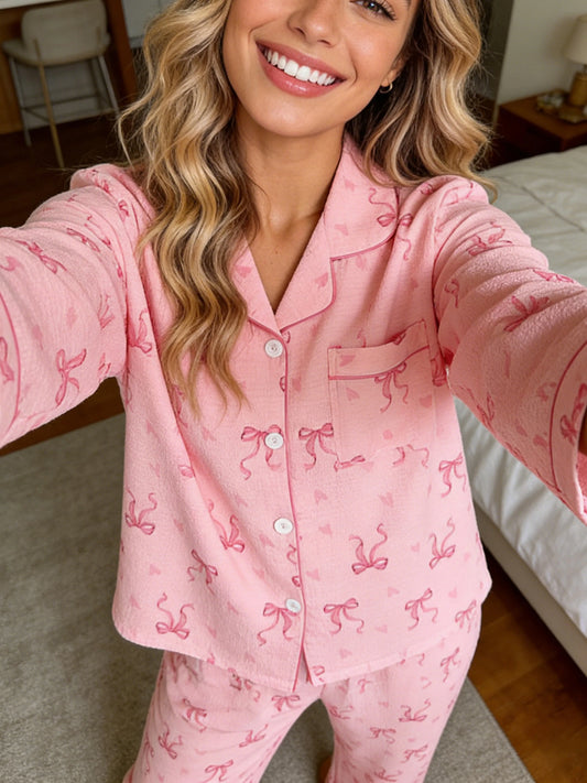 Pyjama Femme Boutonné - Haut manches longues et pantalon motif 🎀
