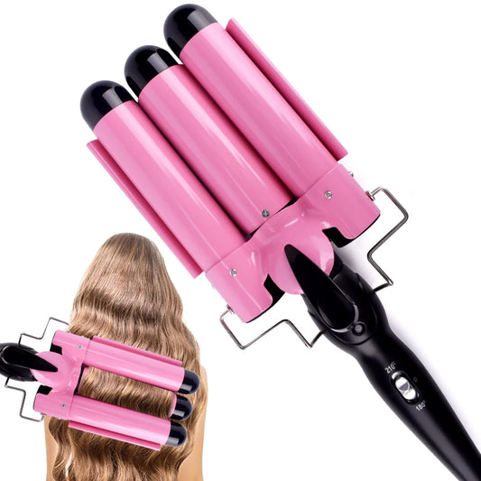 Plancha de pelo rosa de triple barril 
