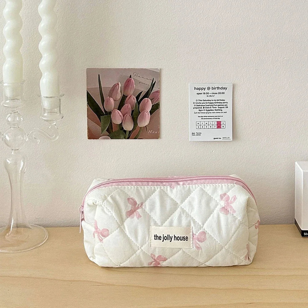 Bolsa de maquillaje de algodón acolchado, con diseño floral y portátil 