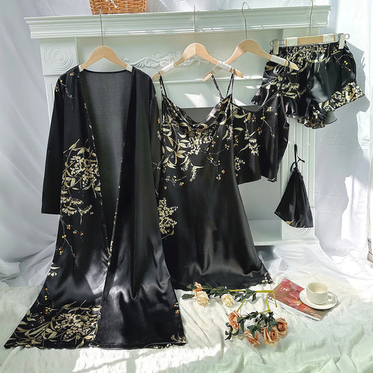 Ensemble Homewear Femme Satin – Camisole ,Short ,Nuisette ,Robe de Chambre et Pochette imprimé 💐